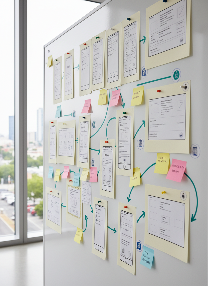 A collection of wireframes and user journey maps pinned on a clean white magnetic board, each sheet showing detailed mobile app screens for a digital travel booking product. Arrows and colored sticky notes indicate flows and priorities, while small printed icons of airplanes, hotels, and activities mark key steps. The room is a bright, modern meeting space with a large glass wall in the background, softly out of focus. Diffused daylight fills the scene, highlighting the paper textures and ink lines. Photographic, professional composition shot from a slight side angle, with the board occupying most of the frame, conveying methodical product thinking and collaboration without showing any people.