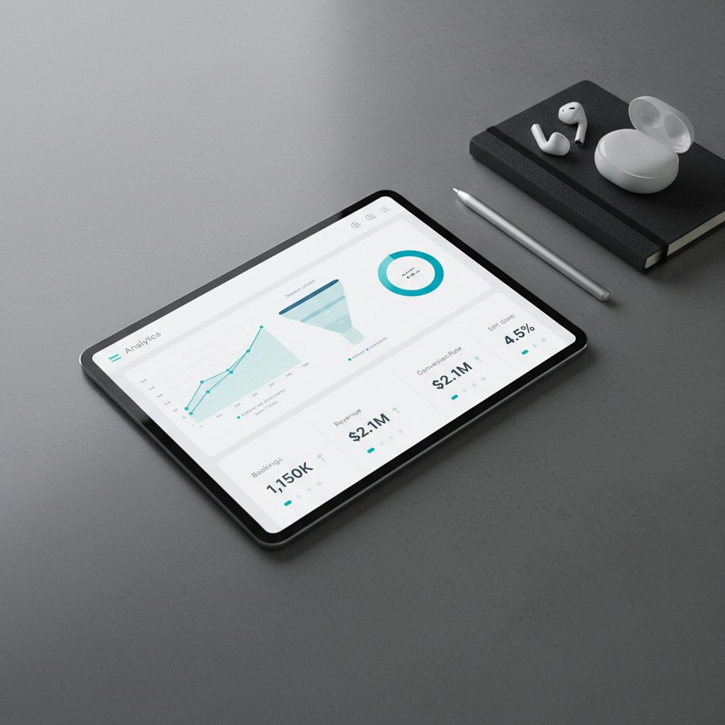 Dashboard de analítica de un producto turístico digital mostrando métricas de conversión y KPIs en una tablet sobre una mesa de trabajo.