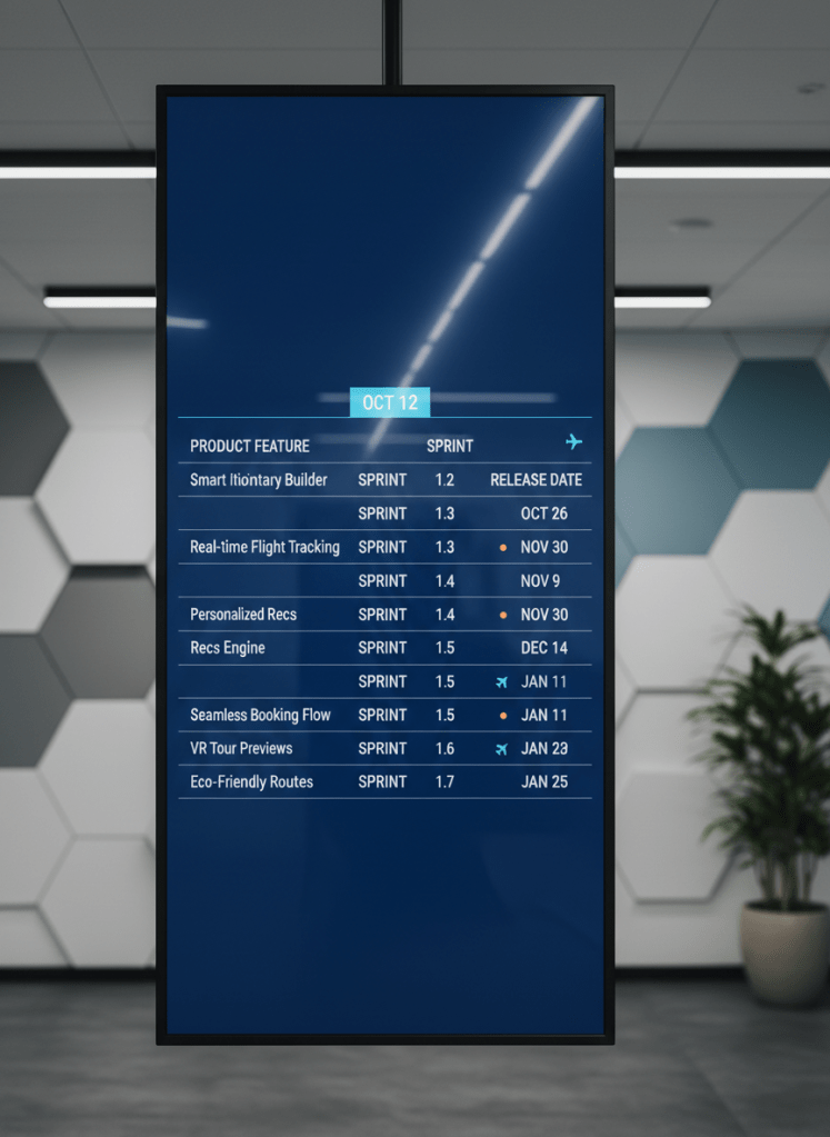 A close-up, photographic shot of a glossy airport departure board redesigned as a modern digital interface on a large wall-mounted screen. Instead of flight numbers, each row lists product features, sprints, and release dates for a travel tech platform, using clean typography and subtle accent colors. The surrounding environment hints at a contemporary office lobby with blurred geometric wall panels and a potted plant in the distant background. Cool, directional overhead lighting creates gentle reflections on the screen surface and nuanced shadows on the wall. Captured straight-on at eye level, with sharp detail on the interface and a slight background blur, the mood is innovative, forward-looking, and distinctly tied to the tourism sector.