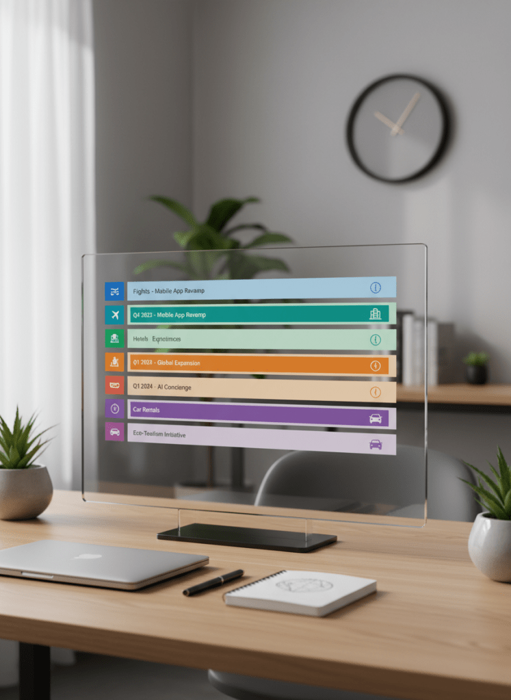 A sleek digital product roadmap displayed on a thin, frameless glass monitor standing on a light oak desk. Color-coded milestones and feature releases form clear horizontal lanes, with icons representing travel and tourism services. The environment is a minimalist, modern workspace with a neutral palette, featuring a closed laptop, a small notebook, and a pen neatly aligned. Soft natural daylight from an unseen window creates gentle reflections on the glass screen and subtle shadows on the desk. Photographic realism from an eye-level angle, with a shallow depth of field that keeps the roadmap in sharp focus while the background softly blurs, conveying clarity, strategy, and professional organization.