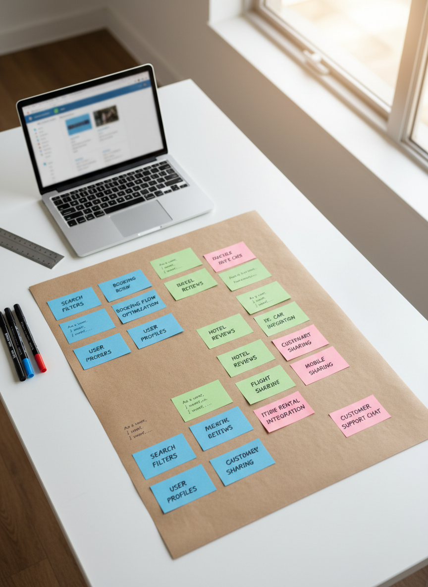 An overhead photographic view of a tidy product planning workspace featuring a large kraft paper sheet spread across a white table, covered with neatly arranged colored index cards labeled with feature names, user stories, and priorities for a digital travel product. A slim silver laptop sits open at the top edge showing a blurred backlog tool, while thin markers and a ruler rest nearby. Soft warm office lighting combines with gentle daylight from the right, creating a balanced, inviting tone. The composition uses the rule of thirds to highlight the structured clusters of cards, with sharp focus throughout, evoking a sense of meticulous planning, backlog management, and organized creativity without any human presence.