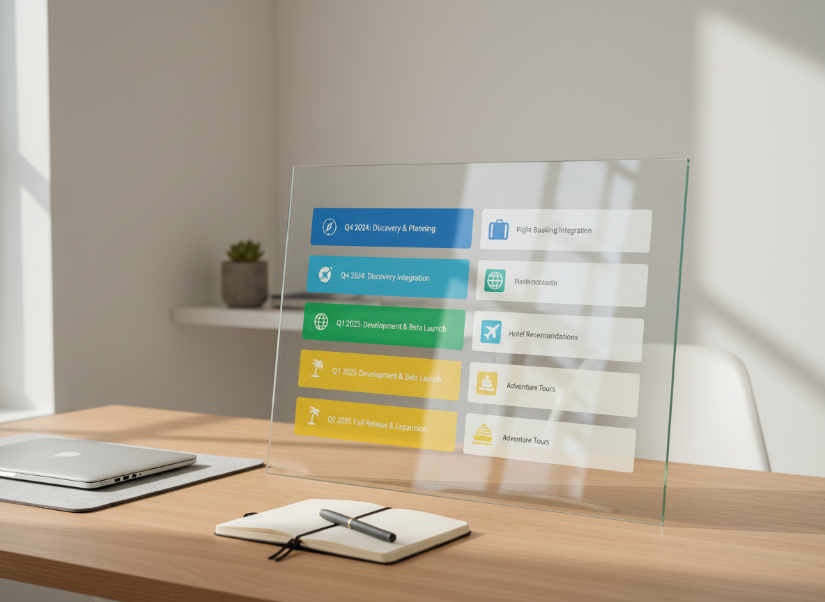A sleek digital product roadmap displayed on a thin, frameless glass monitor standing on a light oak desk. Color-coded milestones and feature releases form clear horizontal lanes, with icons representing travel and tourism services. The environment is a minimalist, modern workspace with a neutral palette, featuring a closed laptop, a small notebook, and a pen neatly aligned. Soft natural daylight from an unseen window creates gentle reflections on the glass screen and subtle shadows on the desk. Photographic realism from an eye-level angle, with a shallow depth of field that keeps the roadmap in sharp focus while the background softly blurs, conveying clarity, strategy, and professional organization.