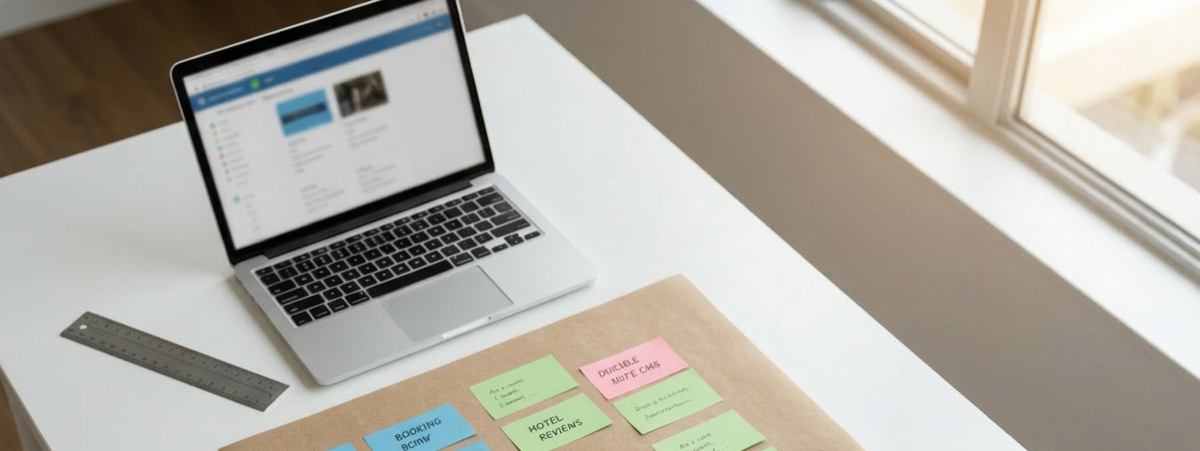 An overhead photographic view of a tidy product planning workspace featuring a large kraft paper sheet spread across a white table, covered with neatly arranged colored index cards labeled with feature names, user stories, and priorities for a digital travel product. A slim silver laptop sits open at the top edge showing a blurred backlog tool, while thin markers and a ruler rest nearby. Soft warm office lighting combines with gentle daylight from the right, creating a balanced, inviting tone. The composition uses the rule of thirds to highlight the structured clusters of cards, with sharp focus throughout, evoking a sense of meticulous planning, backlog management, and organized creativity without any human presence.