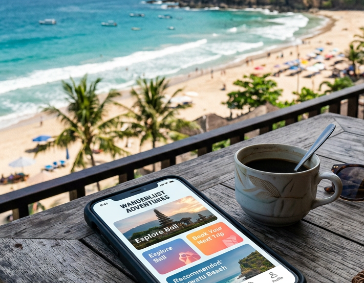 Smartphone displaying travel app on table with coffee cup and sunglasses beside tropical beach view