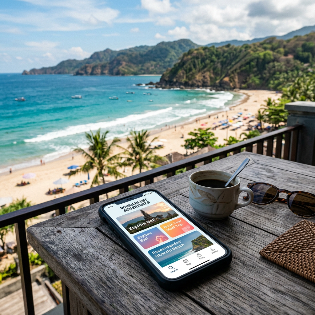 Smartphone displaying travel app on table with coffee cup and sunglasses beside tropical beach view
